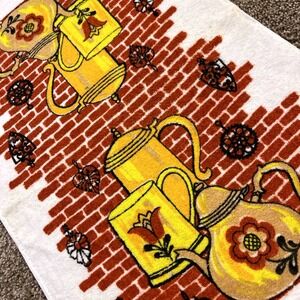 VTG‎ CANNON Hand Kitchen Towel Fringe 70s NOS Tea Mug Kettle Brick Flower Yellow